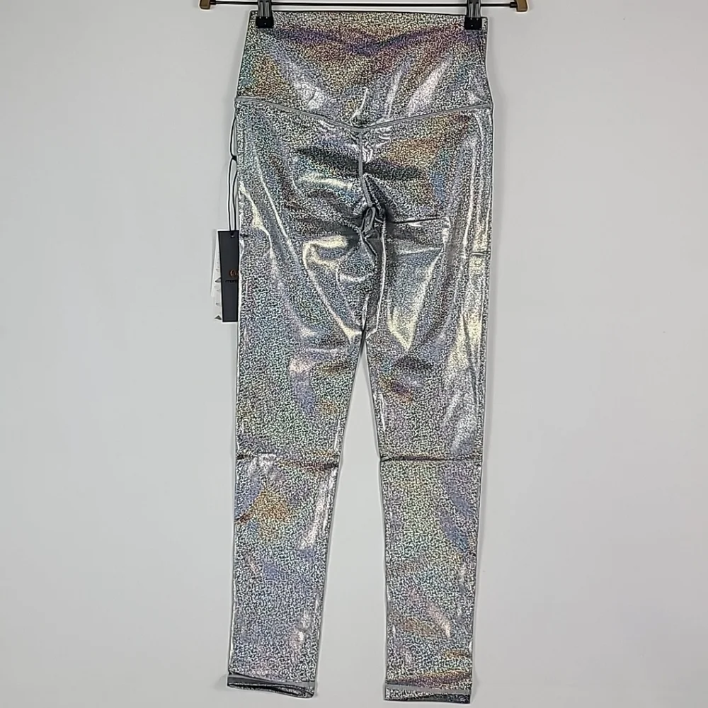 NEW Mono B Women Silver Foil Out Of This World Lycra Nilit Softex Leggings Sz M - Picture 5 of 6